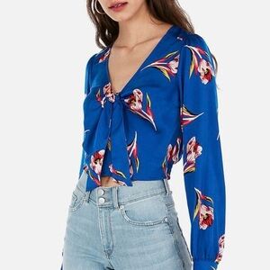 Express Vibrant Blue Flower Print Cropped Blouse Size S